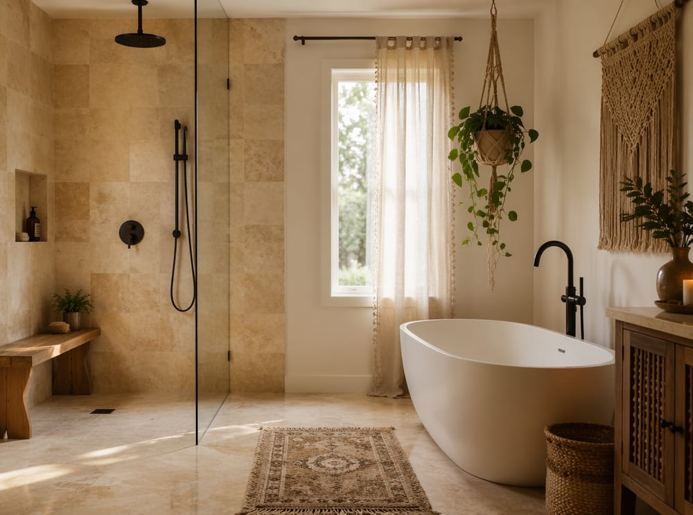 Ducha de piedra caliza y bañera junto a ventana con lino