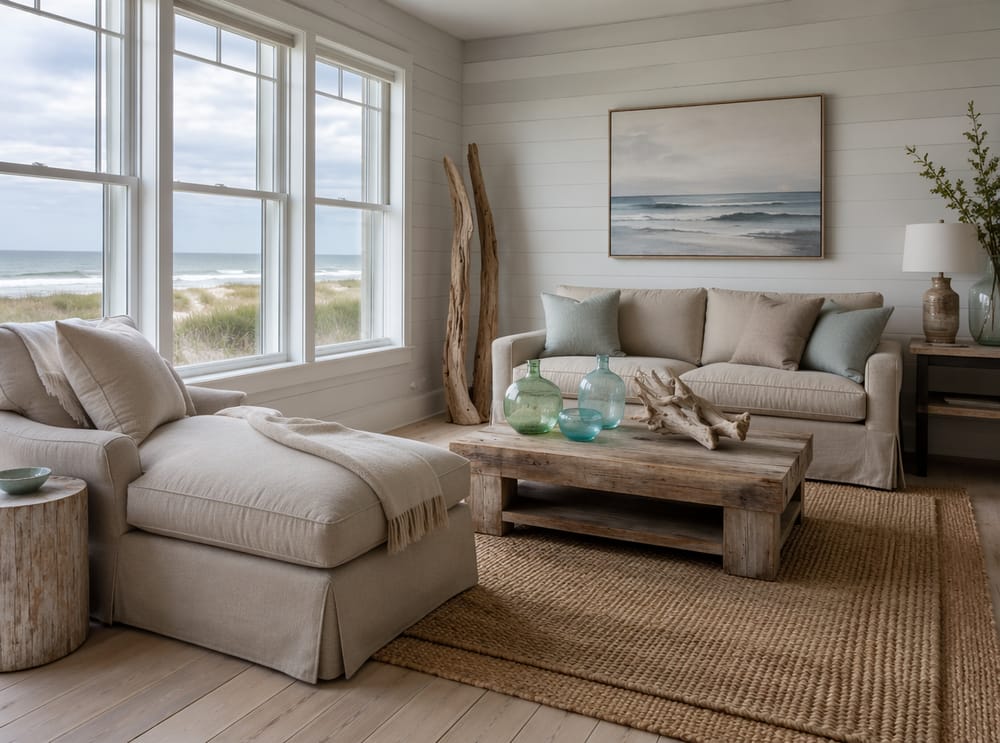 Chaise de lino junto a ventanas cerca de sofá color arena