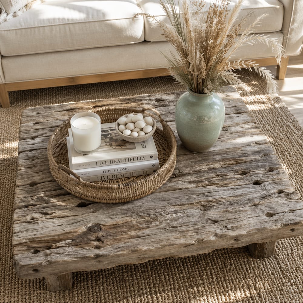 Mesa de centro de madera de deriva con piedras y pasto marino