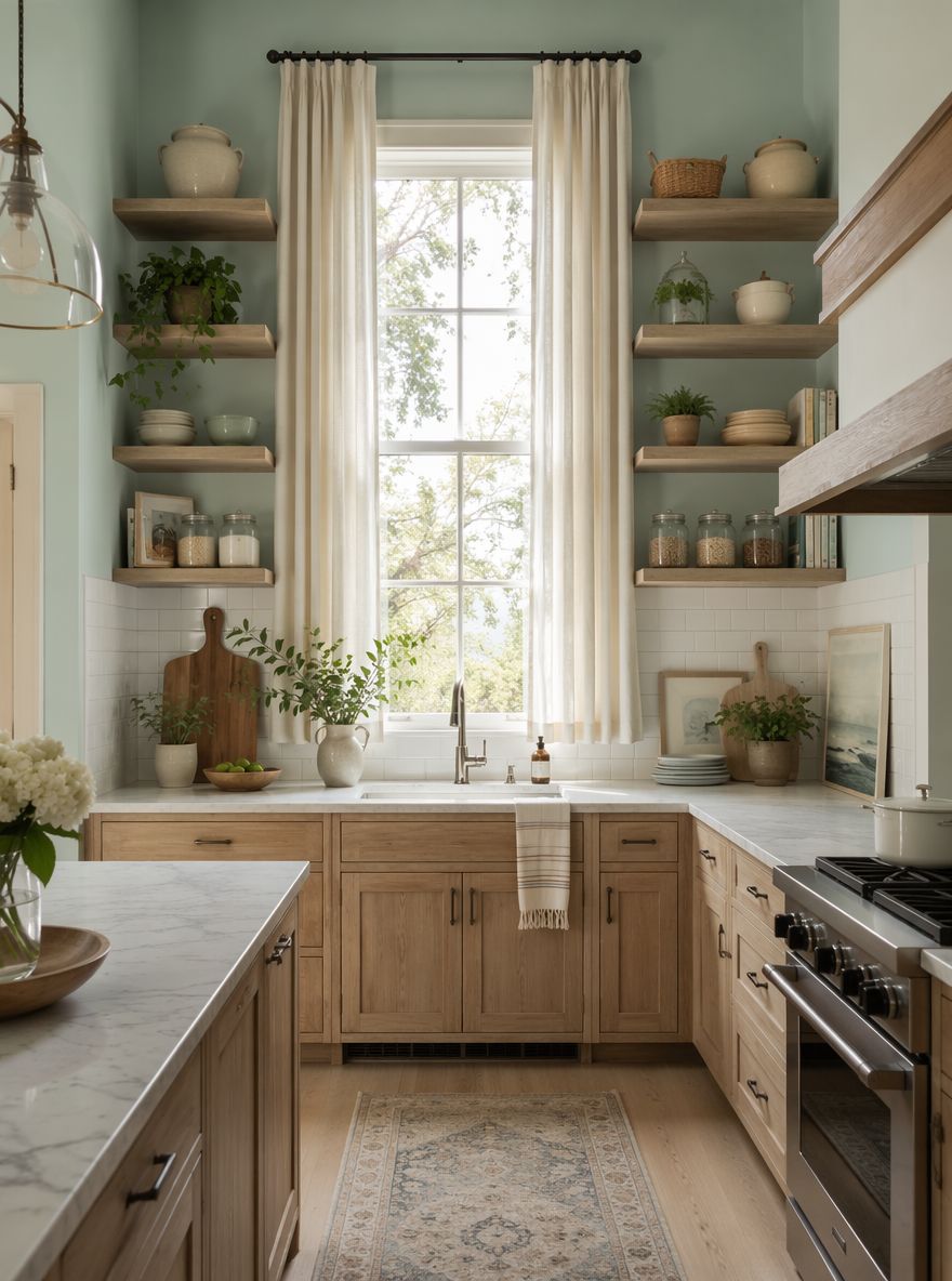Estantes flotantes junto a una ventana luminosa de la cocina