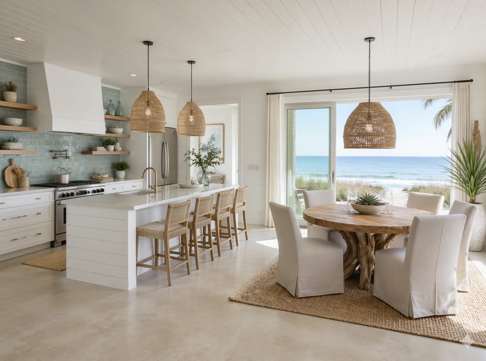 Cocina y comedor integrados con gabinetes shiplap