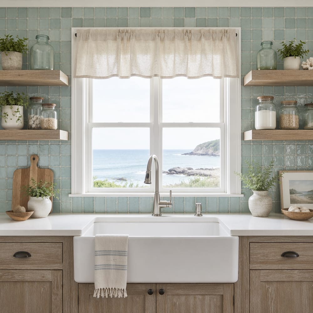 Fregadero tipo farmhouse enmarcado por azulejos hechos a mano tipo vidrio marino