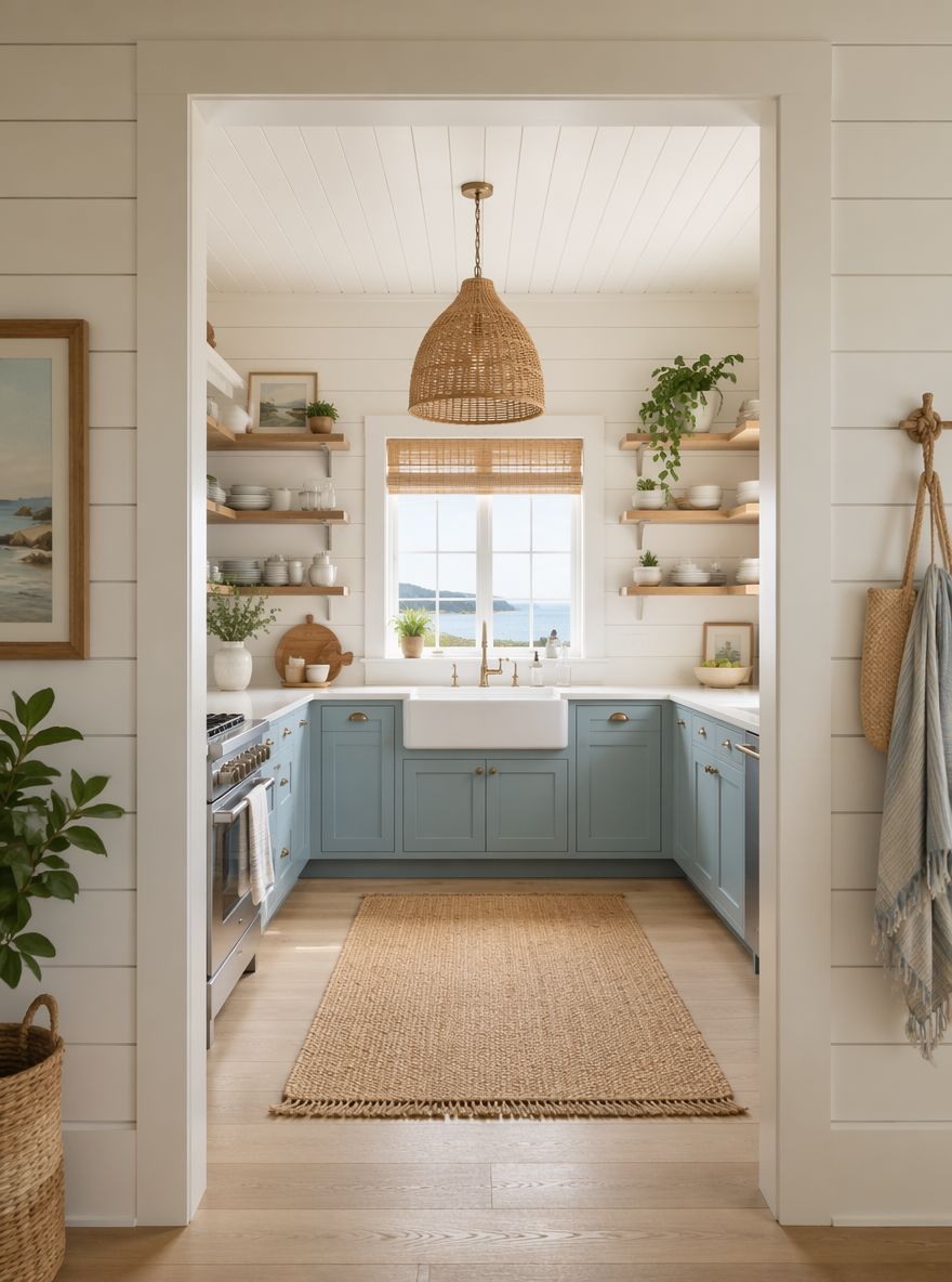 Vista desde la puerta a una cocina costera con shiplap