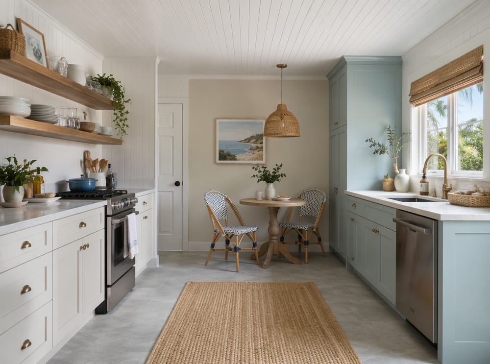 Cocina de dos paredes con gabinetes azul pastel y blancos
