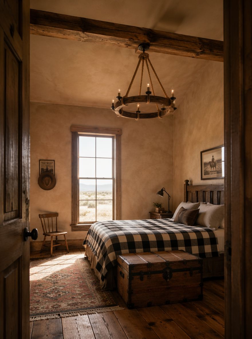 Lampadario in corda e legno sopra biancheria a motivo buffalo-check