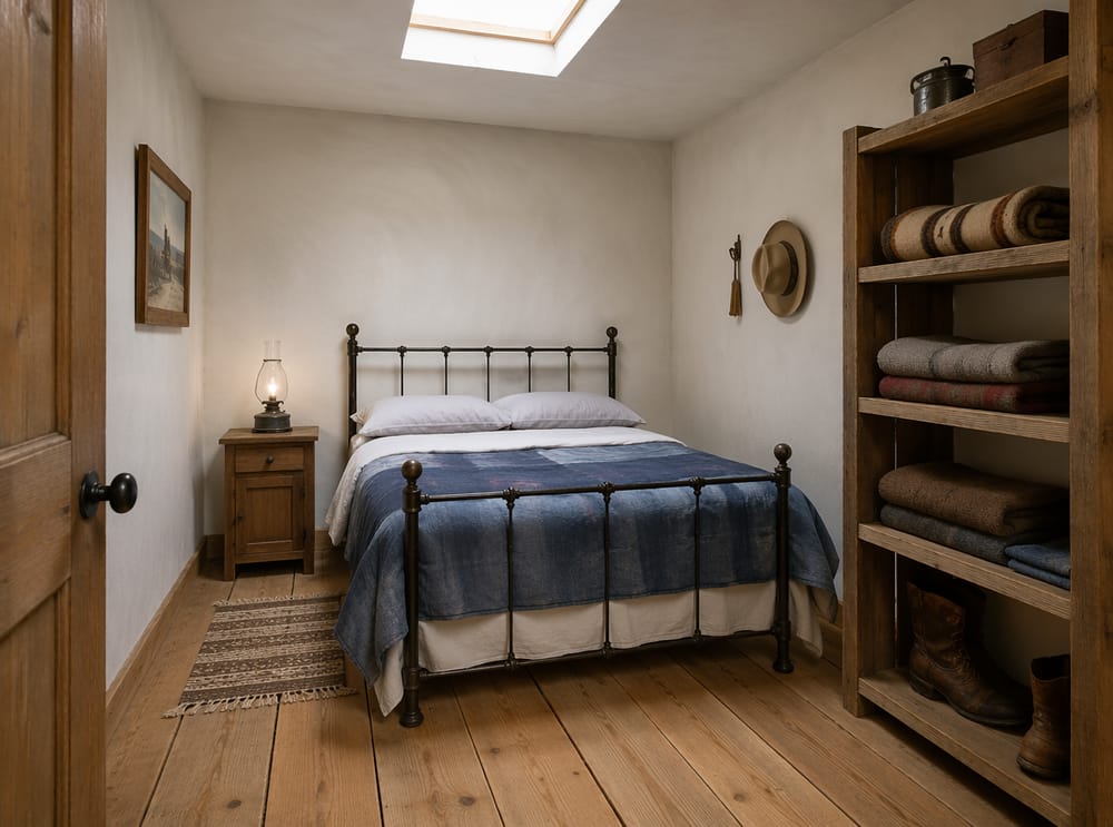 Letto in ferro battuto con copriletto in denim e scaffalature aperte