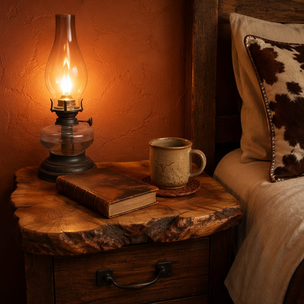 Comodino naturale con lampada a petrolio e libro in pelle