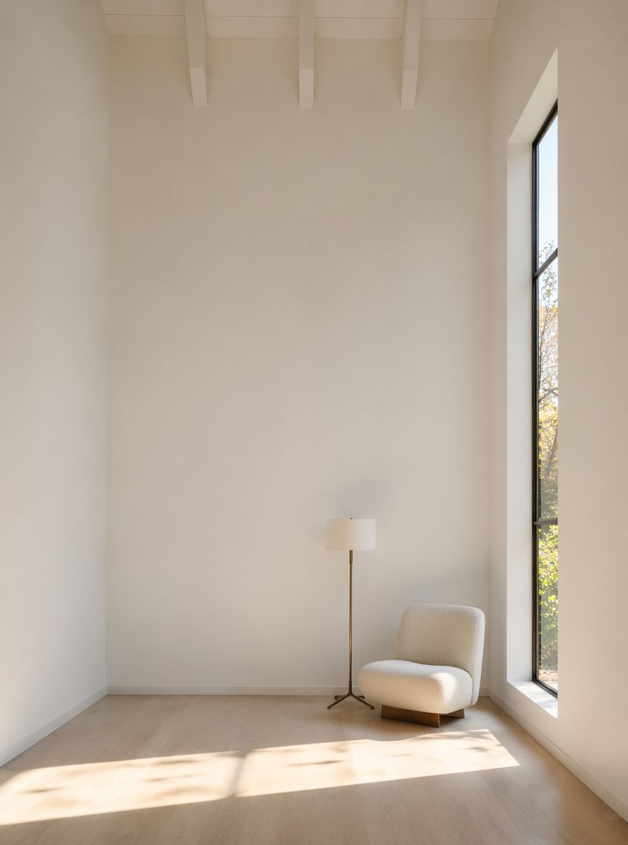 Sillón bouclé de lectura junto a ventana alta y estrecha