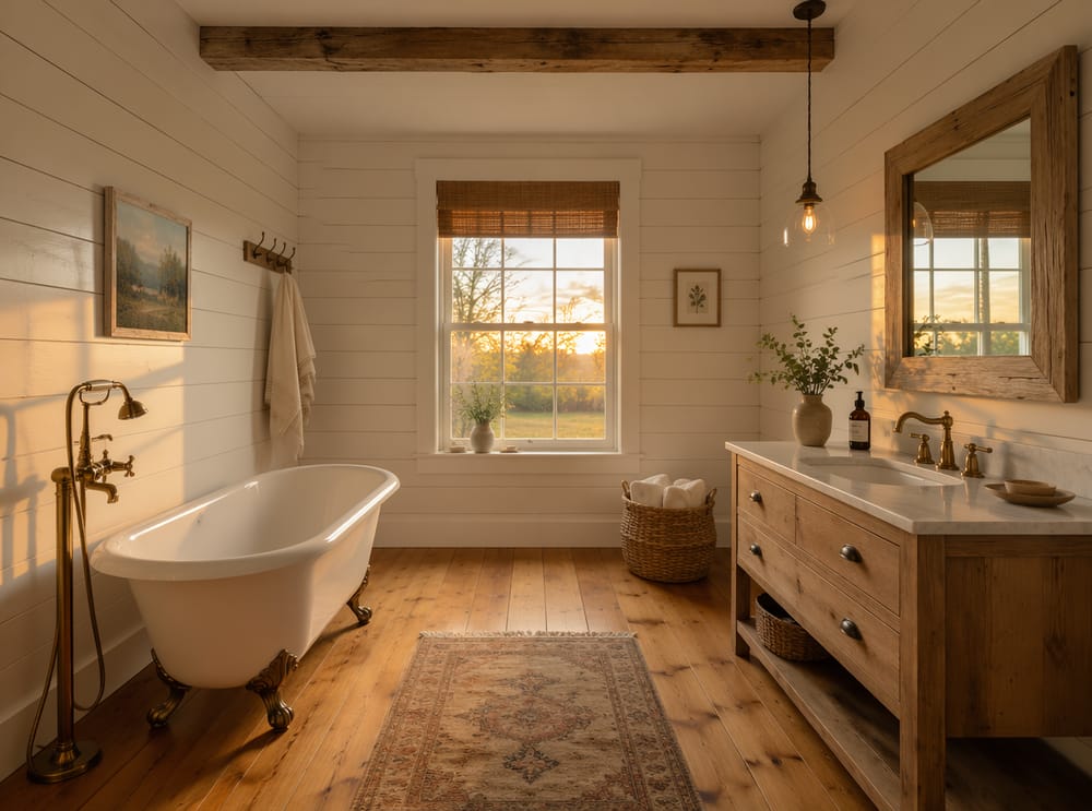 Vasca con piedi e mobile integrato in stanza con shiplap bianco