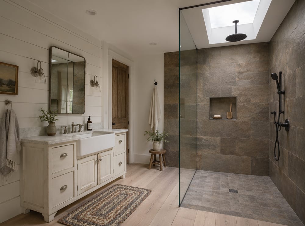 Doccia walk-in con piastrelle in ardesia accanto a lavabo con grembiule