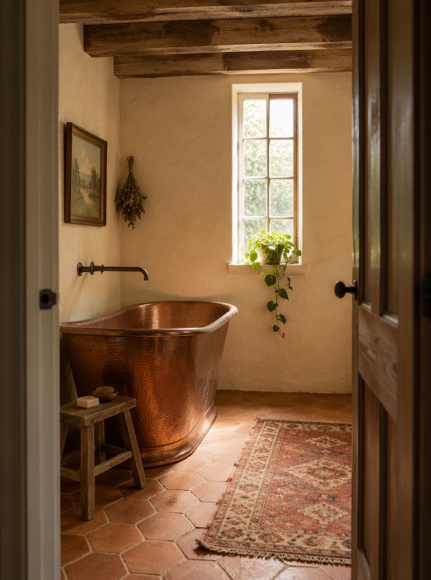 Vasca in rame martellato in bagno farmhouse con intonaco a calce