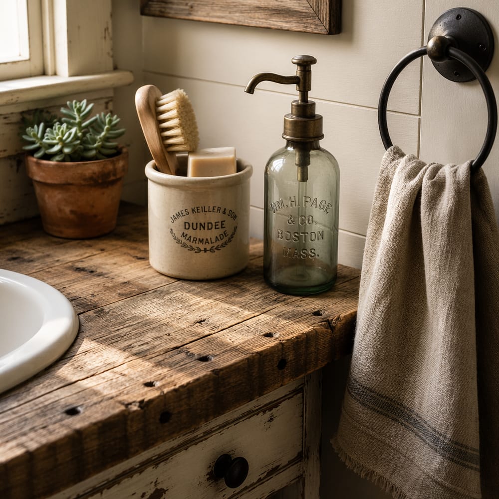 Piano in legno recuperato con dosatore di sapone vintage