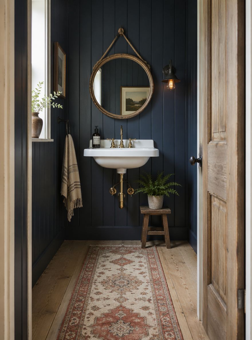 Bagno shiplap blu navy con specchio rotondo appeso a corda