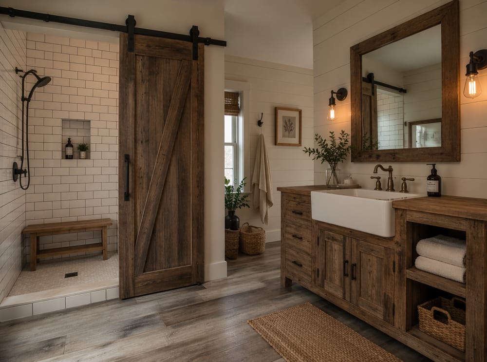 Ingresso doccia con porta da fienile e lavabo a grembiule nella stessa stanza
