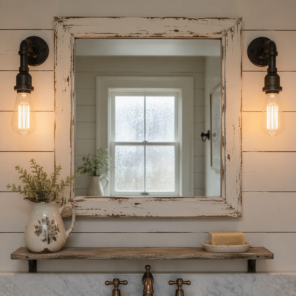 Appliques in ferro ai lati di specchio con cornice in legno vissuto