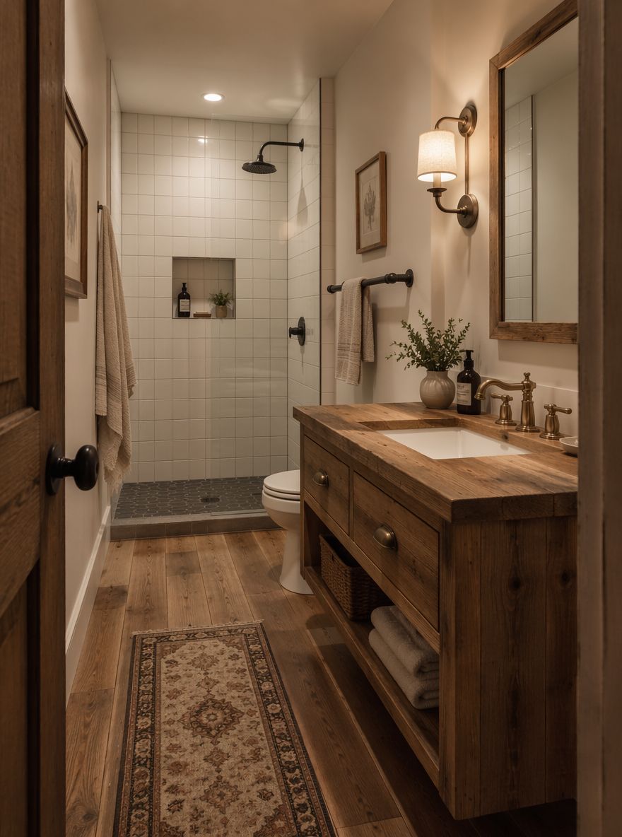 Bagno farmhouse stretto con doccia walk-in in fondo
