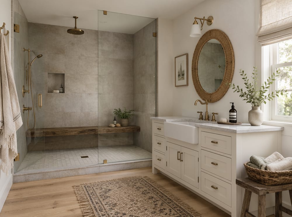 Rivestimento doccia effetto cemento con mobile lavabo e specchio in rattan