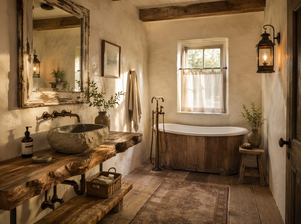 Mobile lavabo in legno naturale con lavabo in pietra
