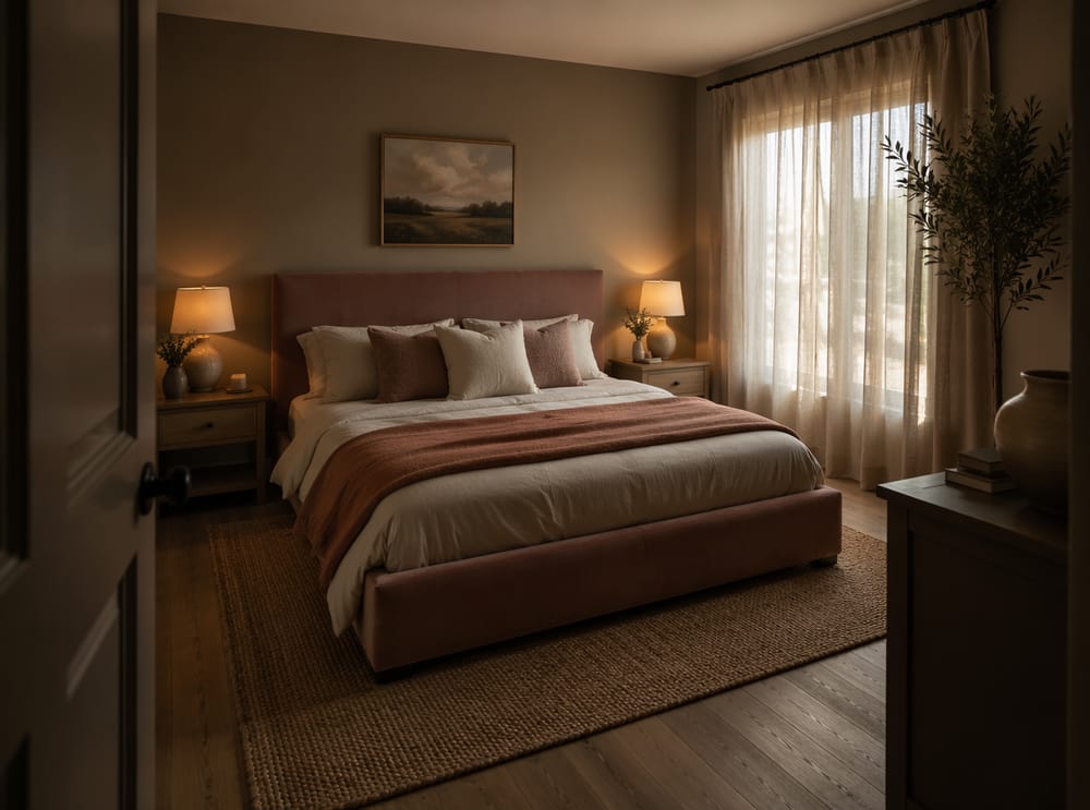 Letto in velluto rosa antico posizionato sulla parete più lunga