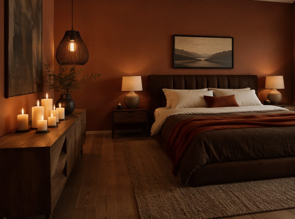 Pareti terracotta con credenza di candele accese a diverse altezze