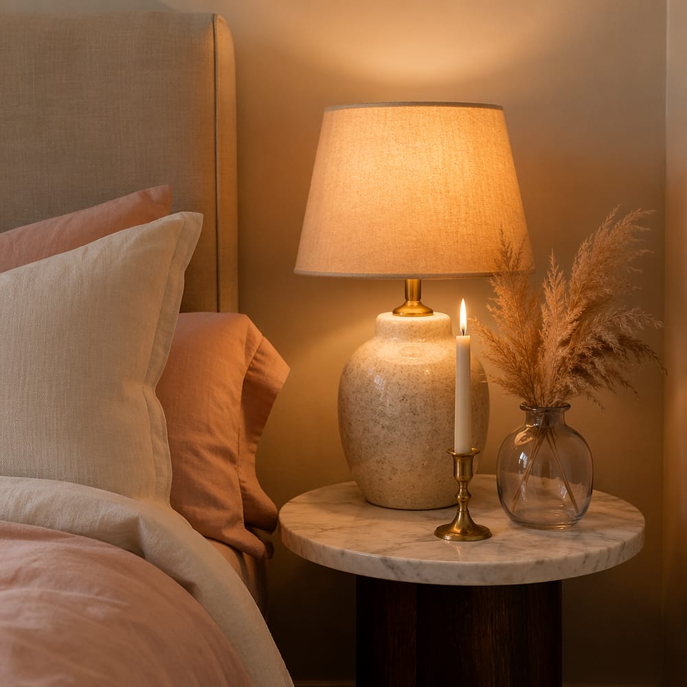 Comodino in marmo con candela, lampada e pampas essiccata