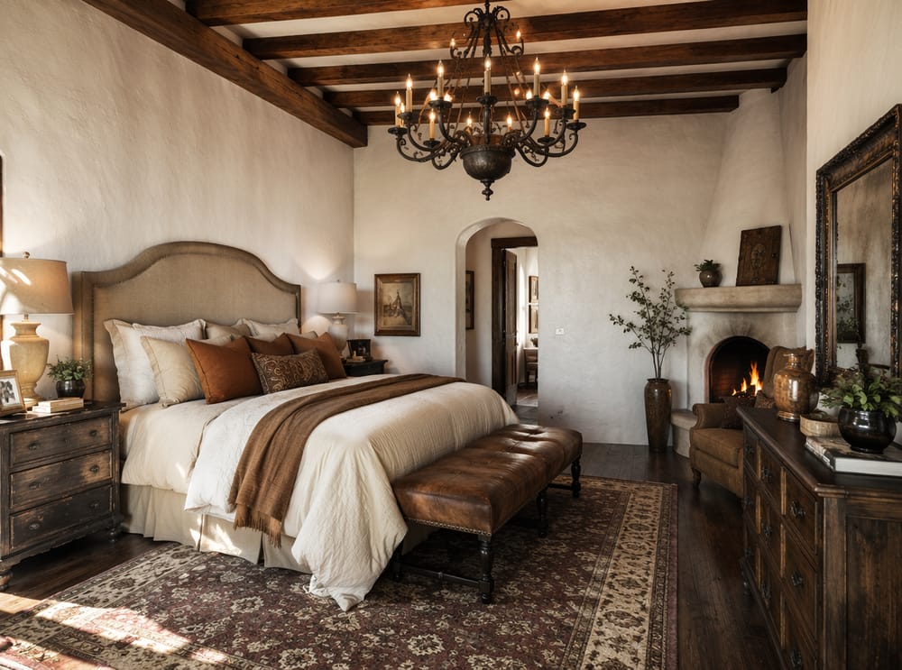 Soffitto con travi a vista e lampadario a filamento su letto ambrato stratificato