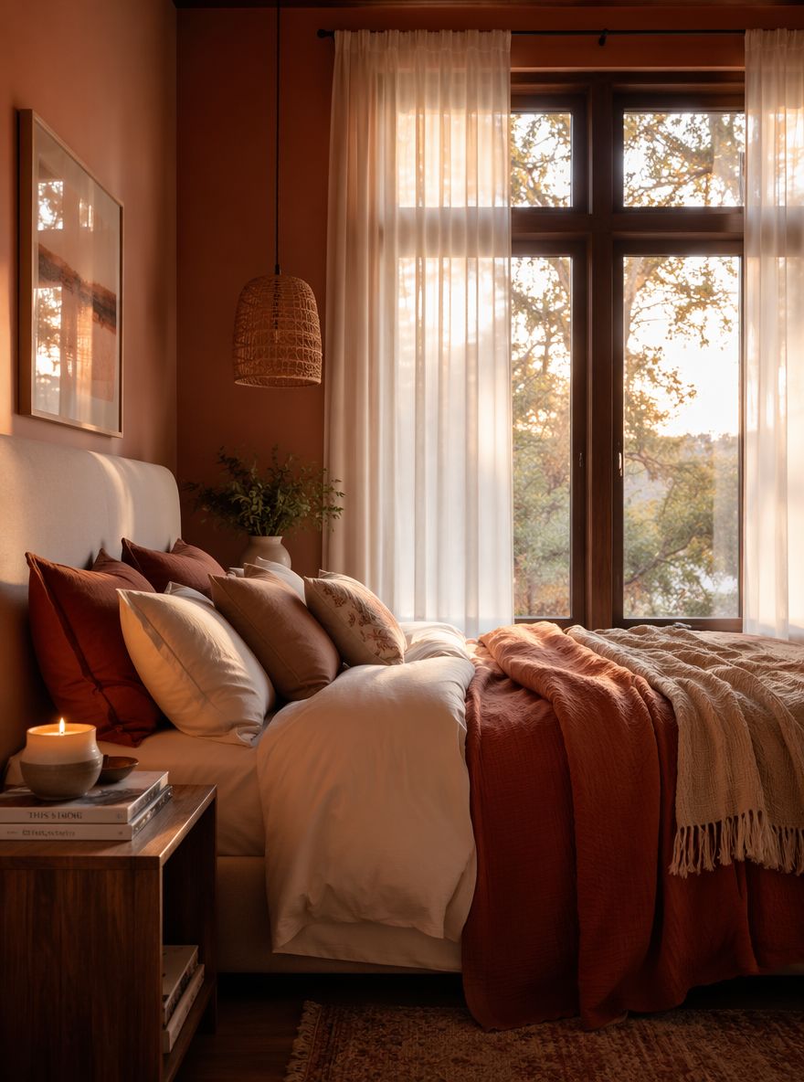 Luce serale calda su tende leggere con lenzuola color ruggine