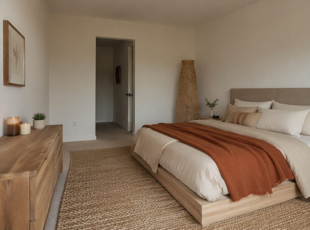 Letto a piattaforma in frassino con lampada da terra intrecciata nell’angolo