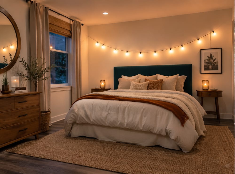 Cordone di lampadine Edison sopra testiera in velluto teal in arco morbido