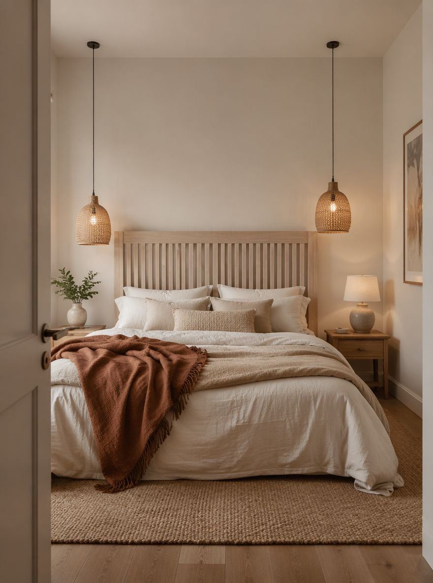 Lampade a sospensione in rattan a diverse altezze ai lati di testiera in rovere decapato