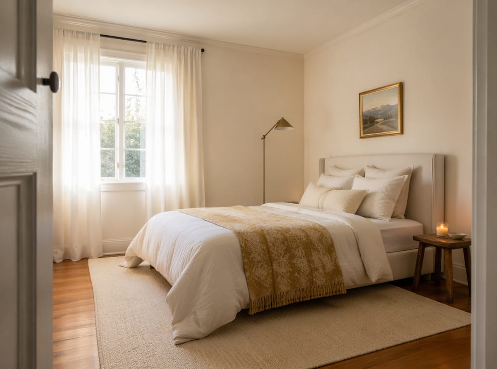 Lampada da terra in ottone accanto al letto con coperta oro chiaro nella luce del mattino