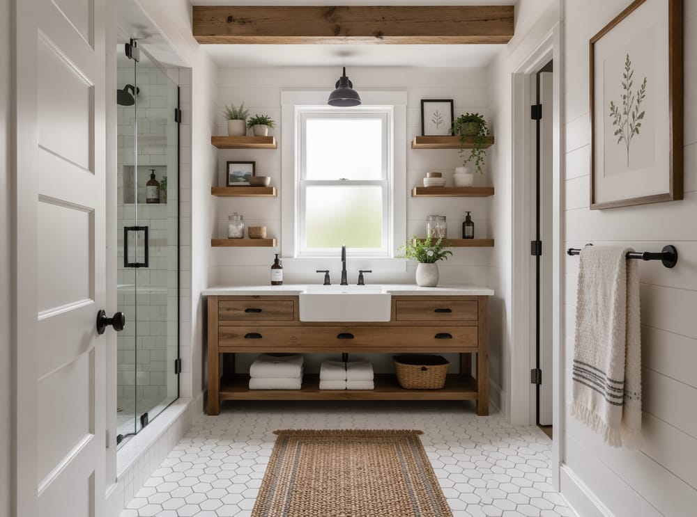 Lavabo a grembiule tra mensole aperte in legno