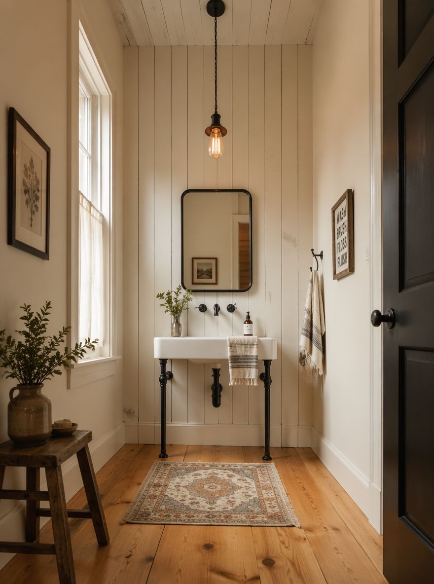 Parete con shiplap verticale e lavabo su tubi a vista