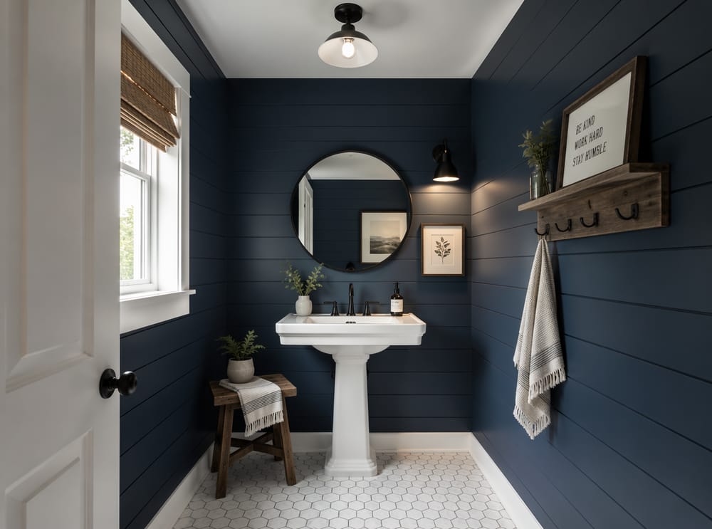 Bagno di servizio navy con lavabo a colonna e shiplap
