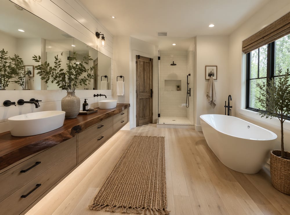 Mobile sospeso in noce davanti a una vasca da bagno