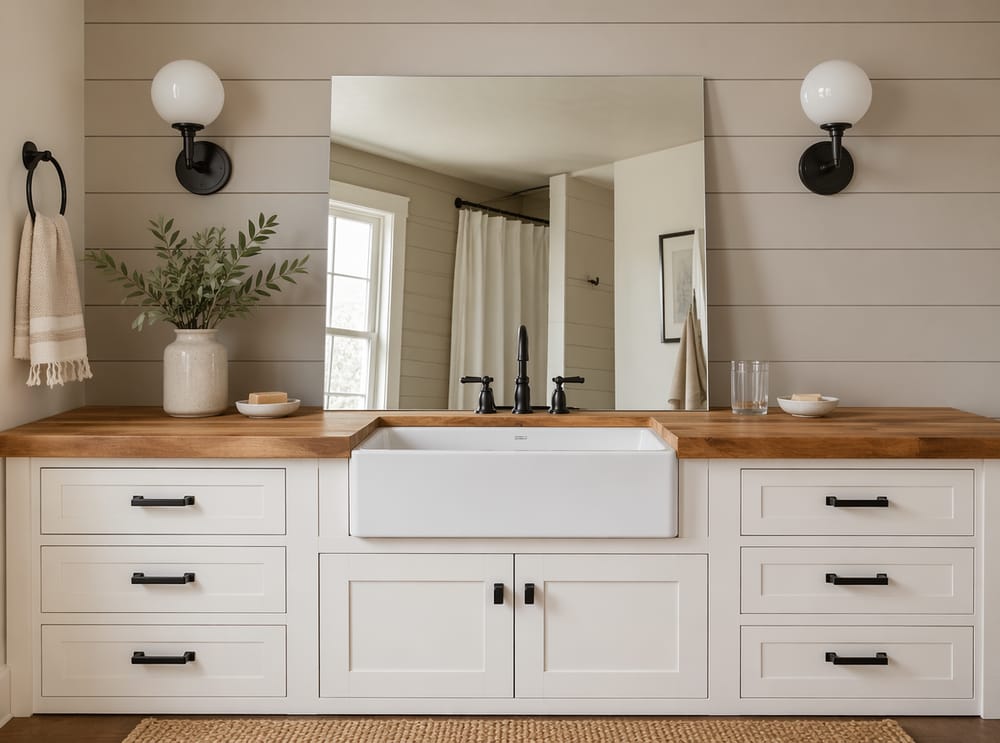 Mobile lavabo in butcher-block con ante shaker