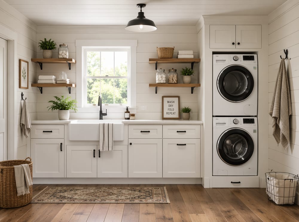 Lavabo farmhouse e lavanderia in spazio con shiplap