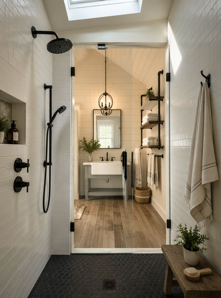 Vetro doccia che incornicia il lavabo a grembiule