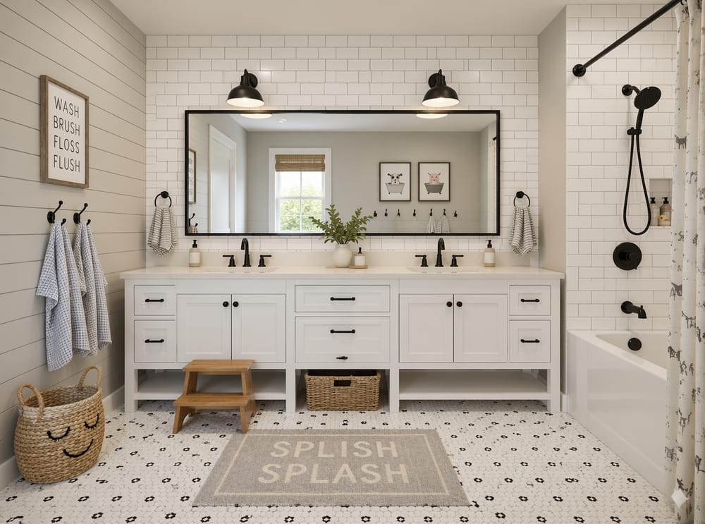 Bagno per bambini con doppio lavabo e lati in shiplap grigio