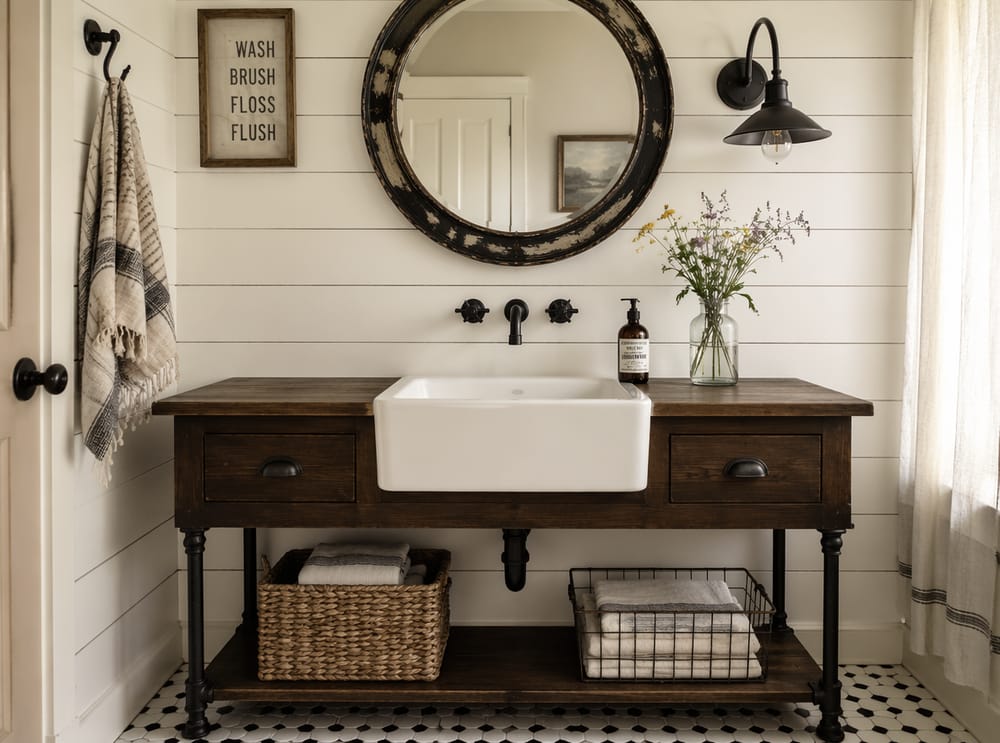 Lavabo consolle in legno scuro con gambe in tubo industriale
