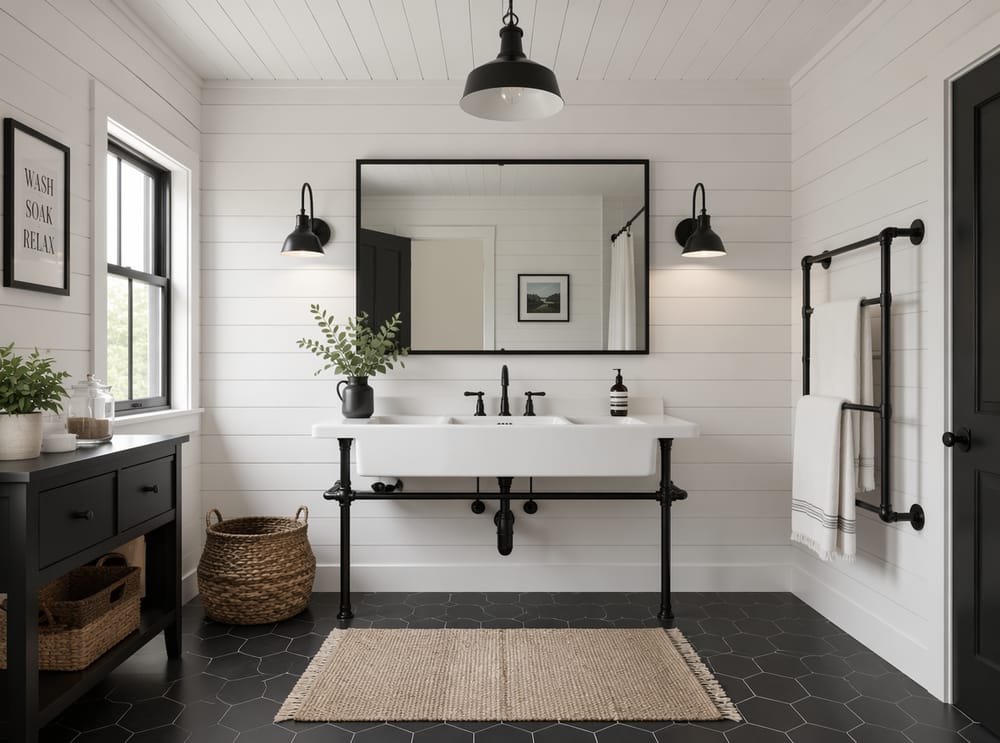 Bagno farmhouse black & white con lavabo a tubi