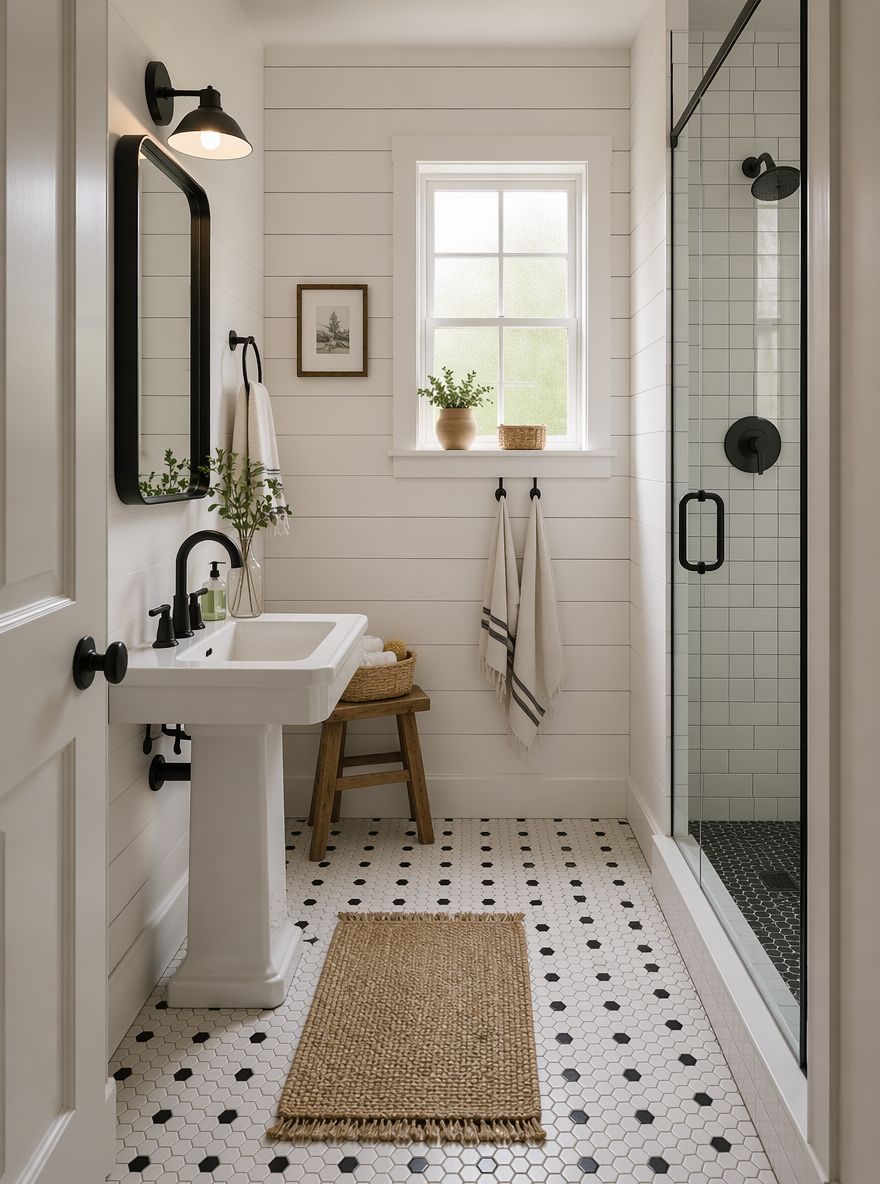 Bagno farmhouse compatto con doccia a piastrelle subway