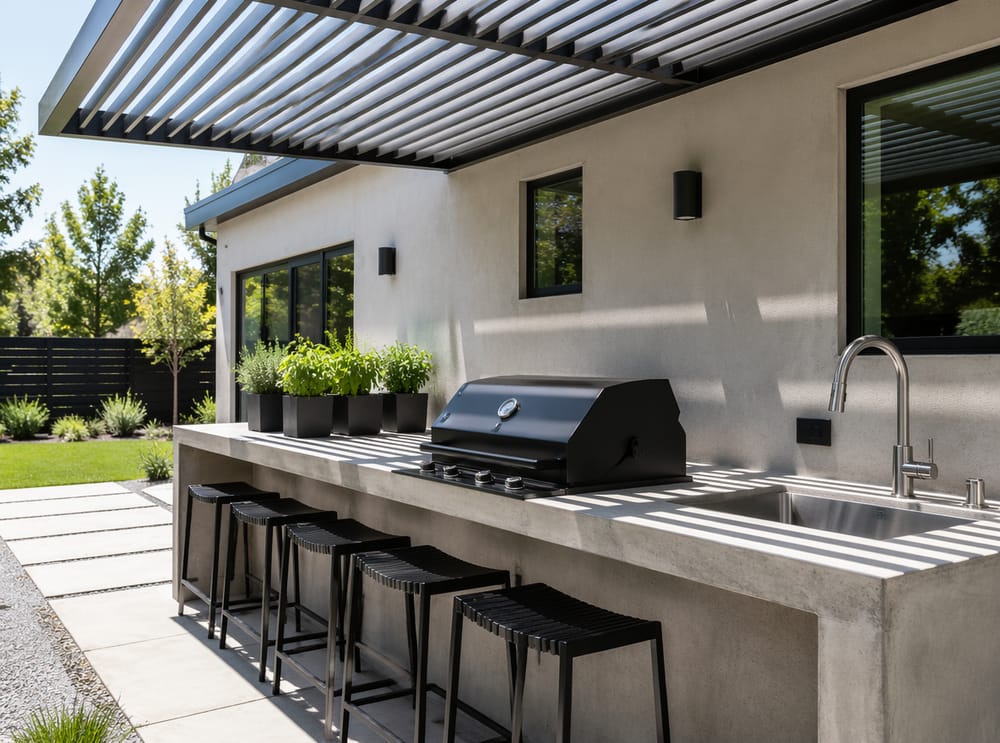 Comptoir cuisine extérieure en béton avec grill encastré