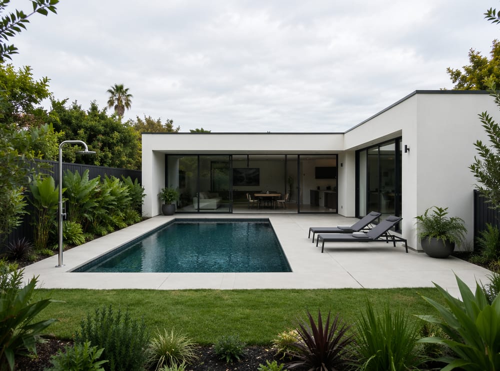 Piscine rectangulaire avec margelle en mosaïque foncée