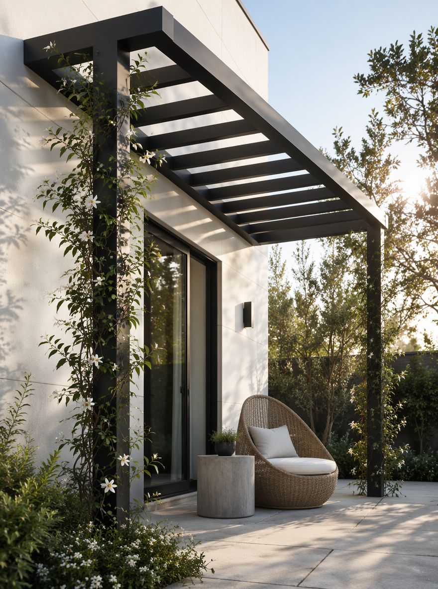 Pergola acier noir mat avec jasmin grimpant