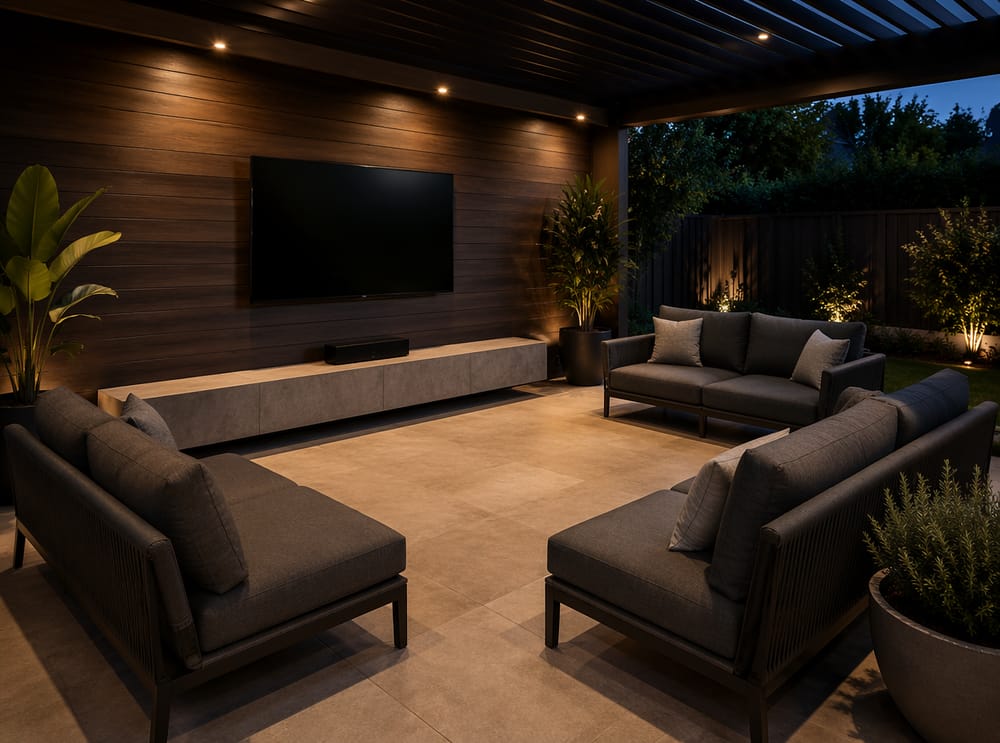TV extérieure en applique sur mur en bois