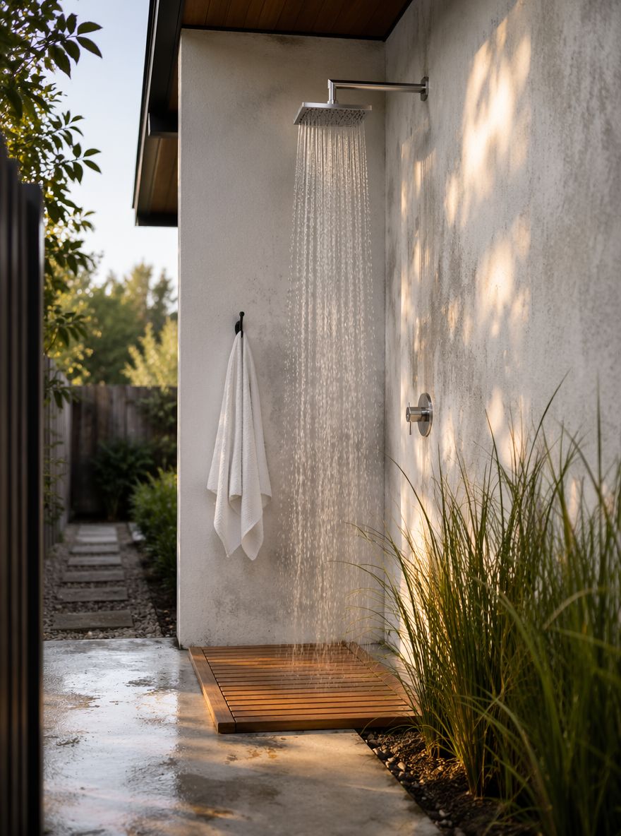 Douche pluie inox sur mur extérieur enduit