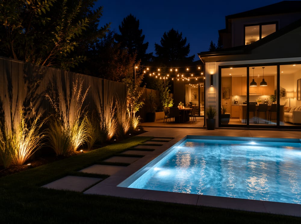 Jardin de nuit avec trois ambiances lumineuses distinctes