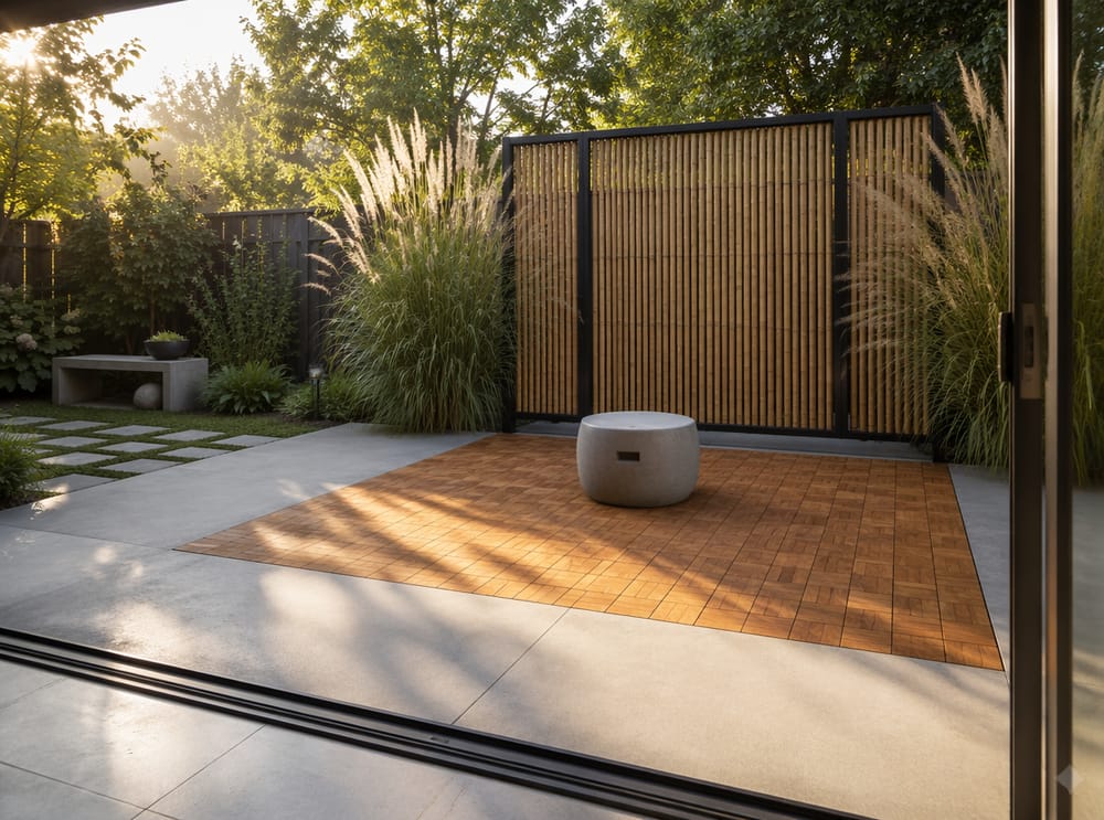 Terrasse en teck coupe bout avec brise-vue bambou