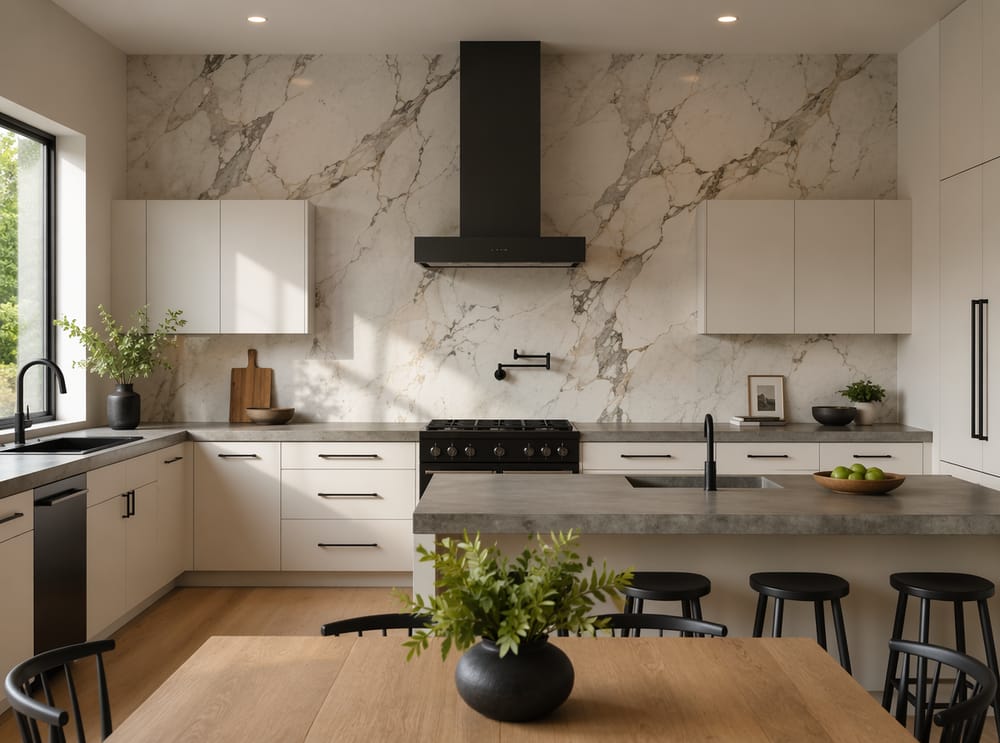 Placa de mármol completa detrás de la cocina, vetas continuas